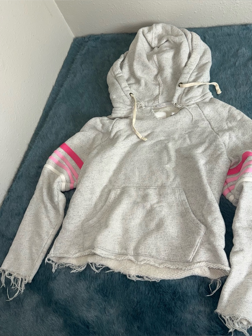 MOTHER The Square Tear Raw Hood Heather Gray Multi Pink Distressed Hoodie XS